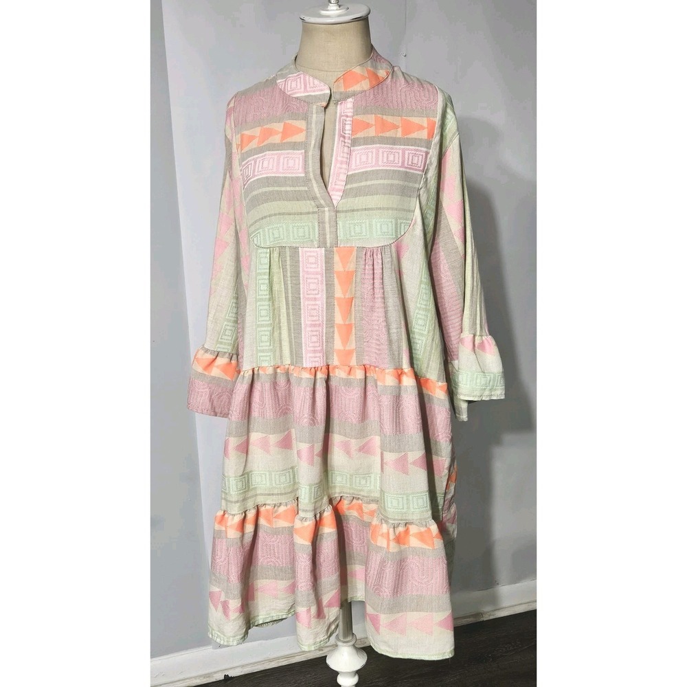 Luisa Perla Aztec V Neck Tiered Dress Size Large 3/4 Bell Sleeves Made in Italy